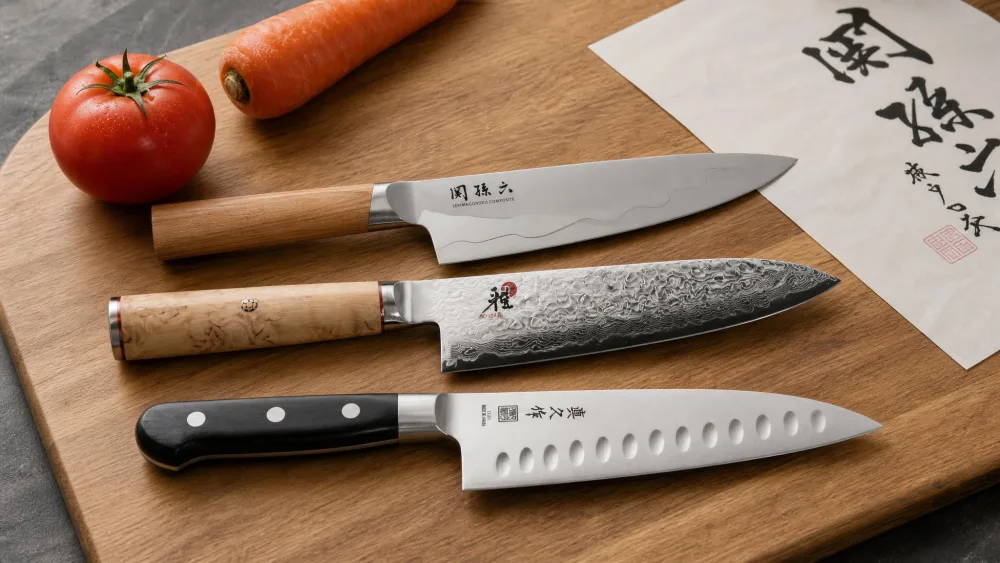 A test kitchen board with a ripe tomato, a carrot, and paper laid out beside three Japanese knives.