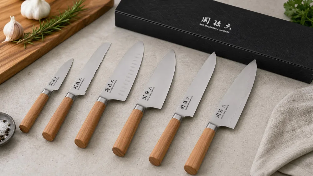 The KAI Seki Magoroku six-piece knife set laid out on a kitchen counter.