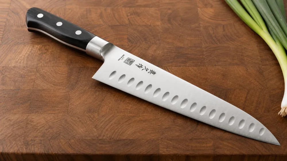 The MAC MTH-80 chef's knife with its dimpled Granton edge on a cutting board.