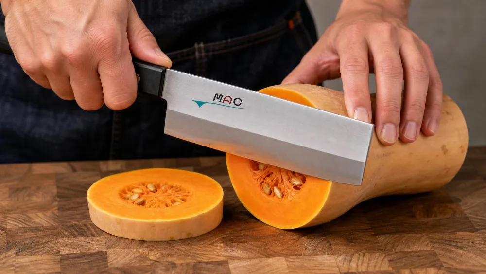 The MAC 6.5-inch nakiri slicing a butternut squash crosswise on a board.