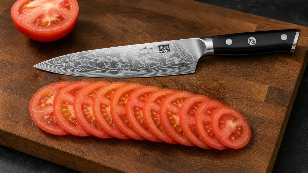 Thin, even tomato slices from the Tojiro 8.2-inch gyuto on a cutting board.