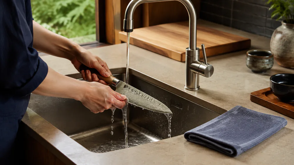 Hands rinsing a Japanese knife under warm running water in a kitchen sink, a dry cloth ready beside the sink.