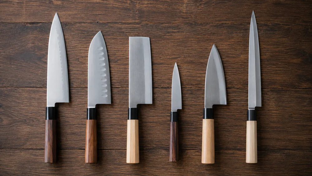 Six common Japanese knife shapes laid out side by side: gyuto, santoku, nakiri, petty, deba, and sujihiki.