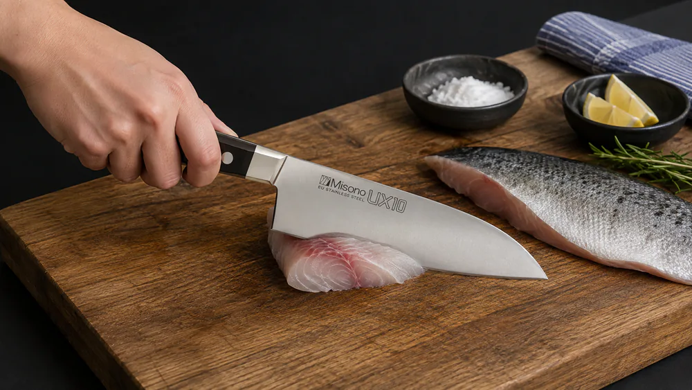A Misono UX10 santoku with a composite wood handle slicing a fish fillet during prep on a wooden board.