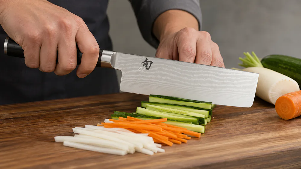 A Shun Classic nakiri push-cutting a pile of sliced vegetables with its flat edge, clean uniform cuts on a wooden board.