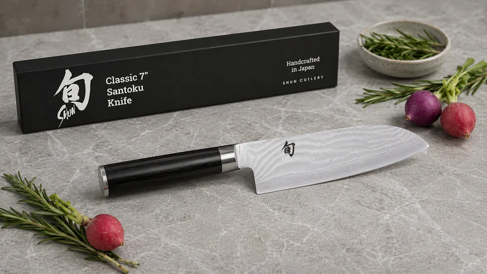 A Shun Classic santoku with a rippled Damascus pattern on the blade and a D-shaped Pakkawood handle on a kitchen counter.
