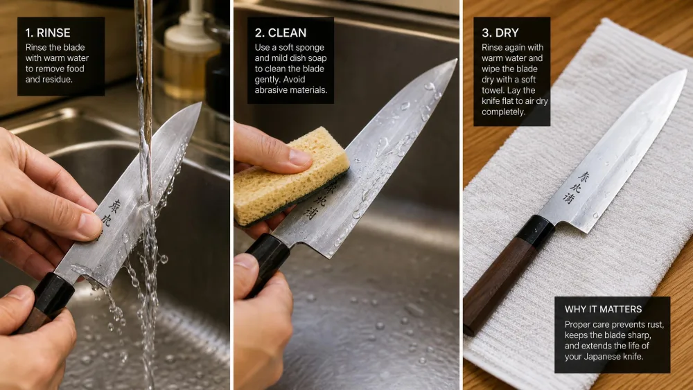 A knife blade being rinsed under warm running water with a sponge, then laid on a towel to dry, the correct care for a Japanese knife.