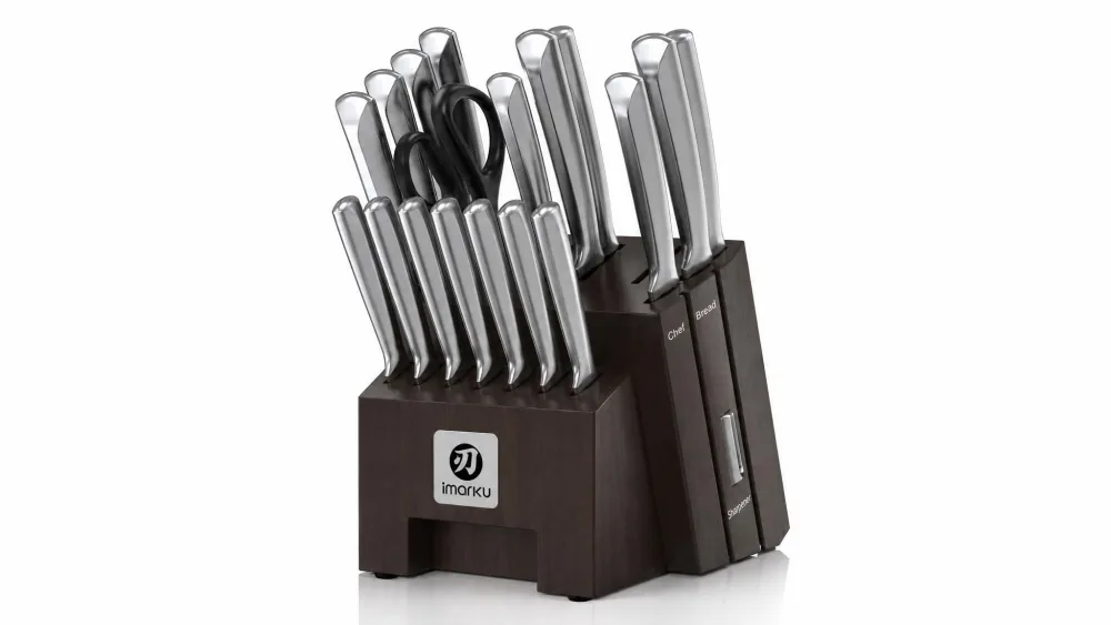 The imarku 16-piece knife set in its solid wood block, chef's and bread knives seated in slots with the built-in sharpening slot visible.