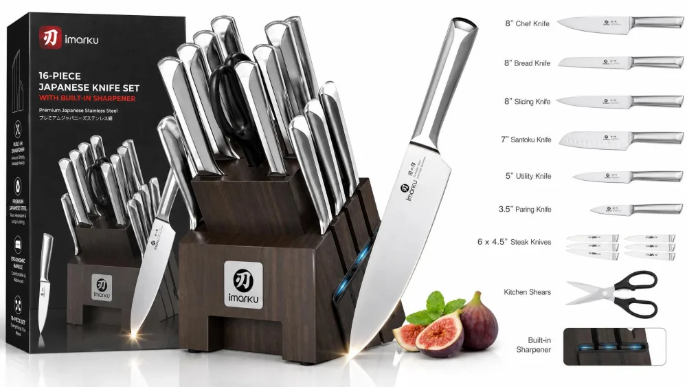 imarku 16-Piece Japanese Knife Set with Built-in Sharpener