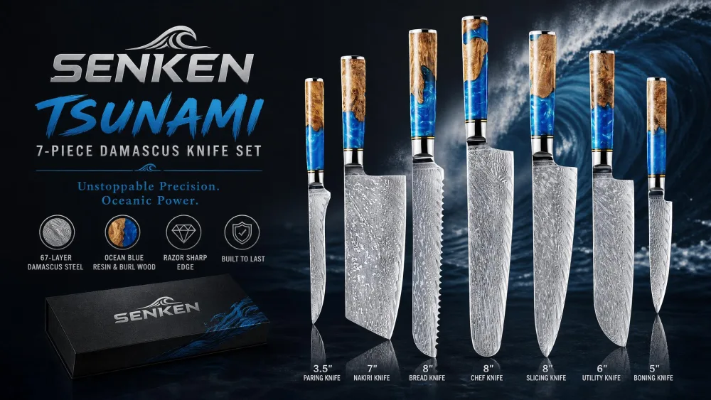SENKEN Tsunami 7-Piece Damascus Knife Set