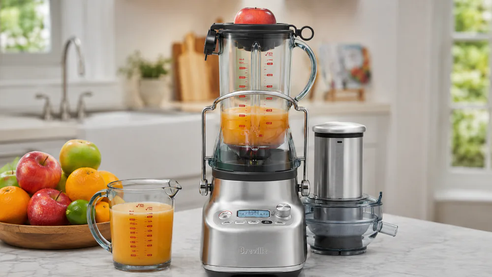 A Breville 3X Bluicer Pro mid-juice, a whole apple at the 3.5 inch chute.