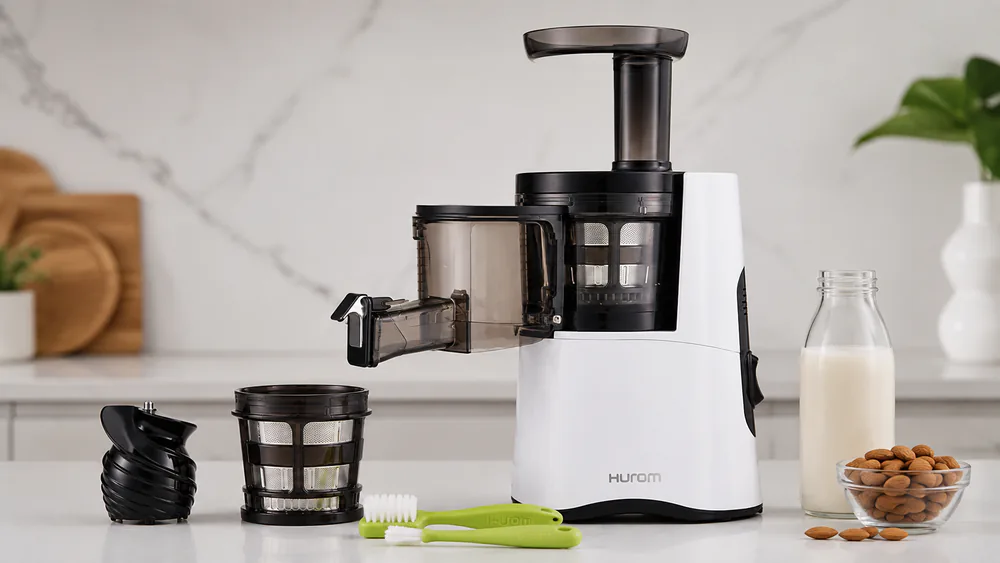 A Hurom H-AA with its chamber open, showing auger, strainer, and silicone brushes, almond milk beside it.