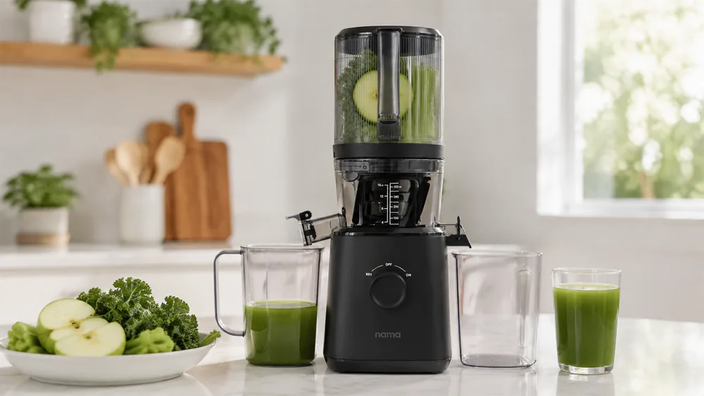 A Nama J2 with the self-feeding hopper loaded with celery, kale, and apple.