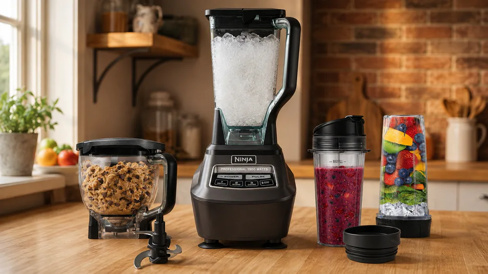A Ninja BL770 pitcher full of snow-like crushed ice, processor bowl and to-go cups beside it.