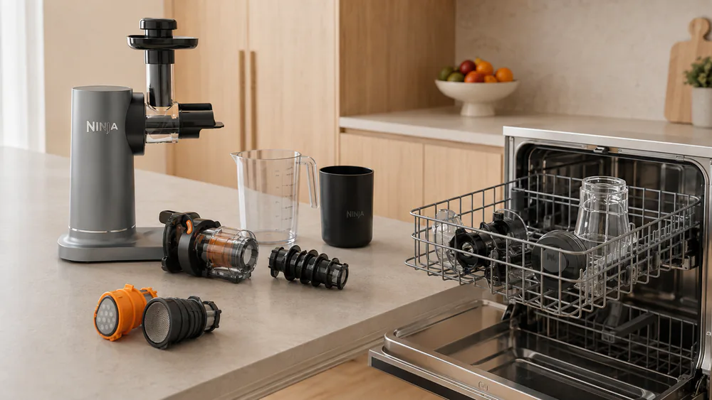 A Ninja NeverClog JC151 taken apart beside an open dishwasher, juice contact parts ready for the top rack.