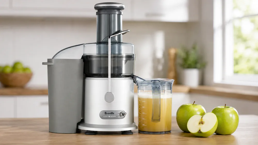 The Breville Juice Fountain Plus pouring apple juice into its jug with a built-in froth separator, whole apples beside the 3-inch chute.