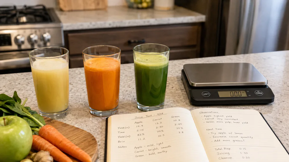 Glasses of fresh apple, carrot, and green juice lined up on a counter with a digital scale and a notebook during a juicer testing session.