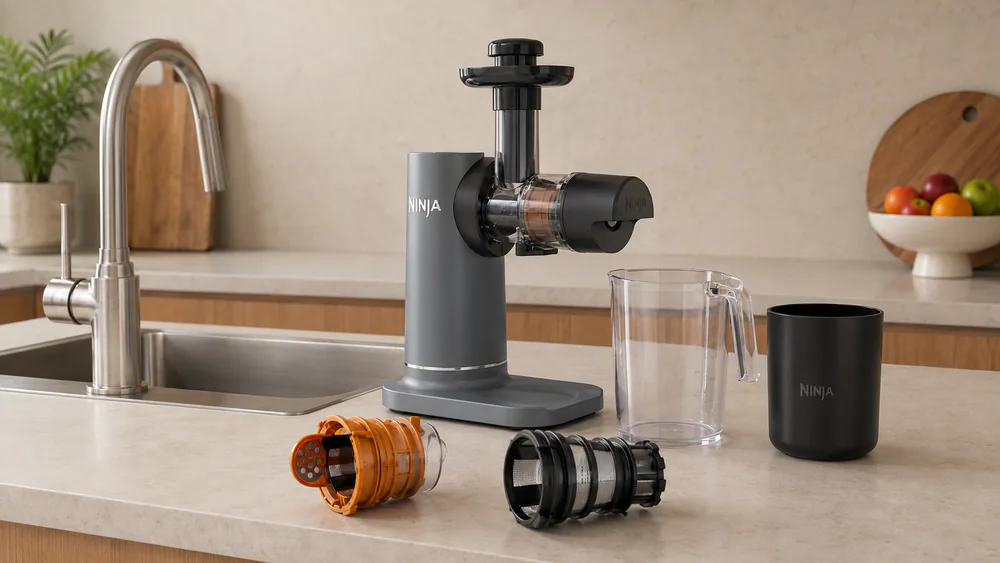 The auger, pulp filter, and jug of the Ninja NeverClog cold press juicer laid out beside a sink, showing the dishwasher-safe parts.