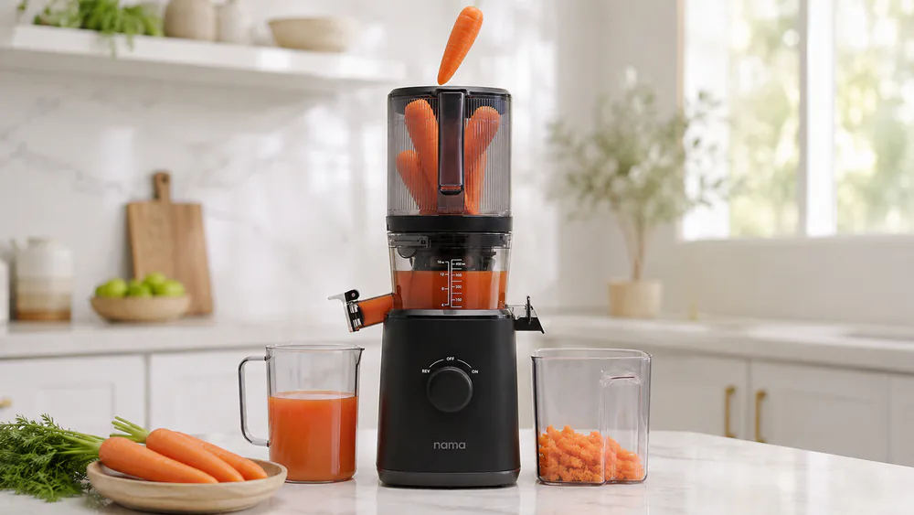 Whole carrots dropping into the 5.4-inch self-feeding chute of the AMZCHEF cold press juicer, with no cutting board in sight.