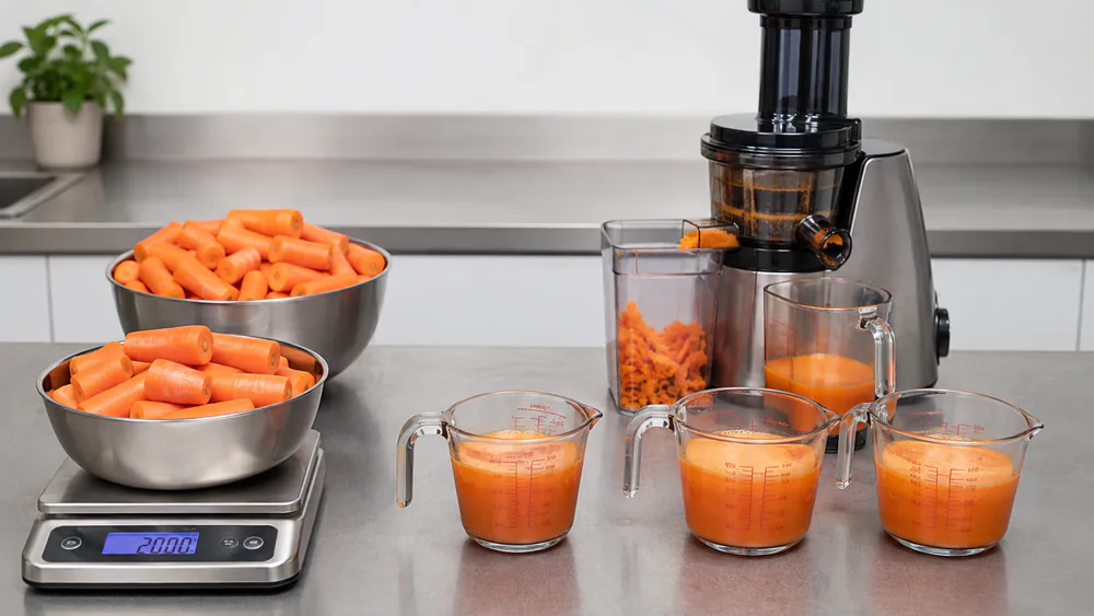 Weighed batches of carrots, measuring cups of finished juice, and a digital scale during our juicer yield test.