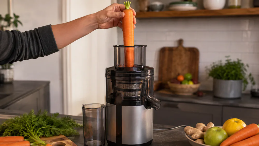A whole carrot held against the wide feed chute of a juicer to show that medium carrots drop in without cutting.