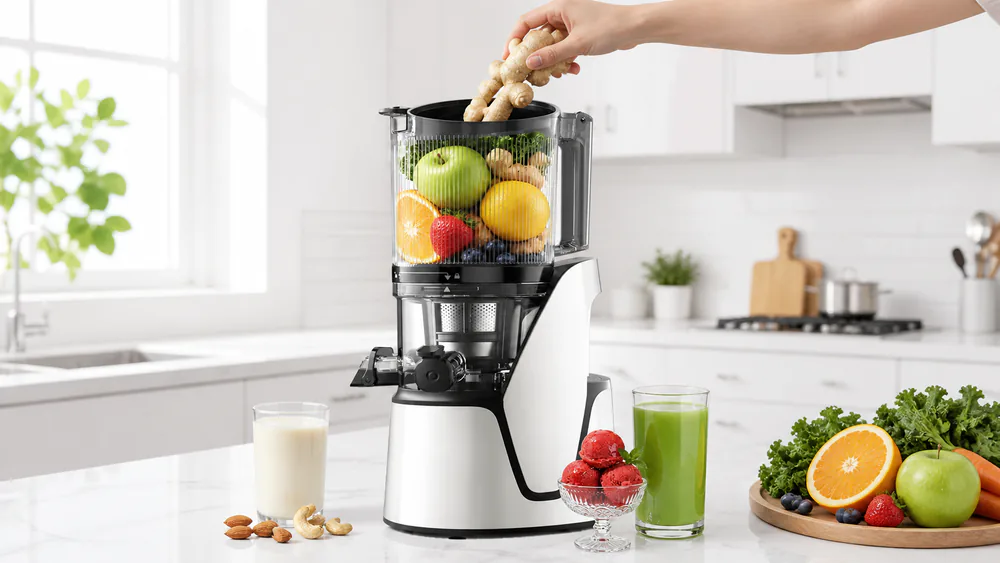 Whole ginger knobs dropping uncut into the 6.5-inch chute of the EanOruus 3-in-1 cold press juicer with its 100 oz hopper attached