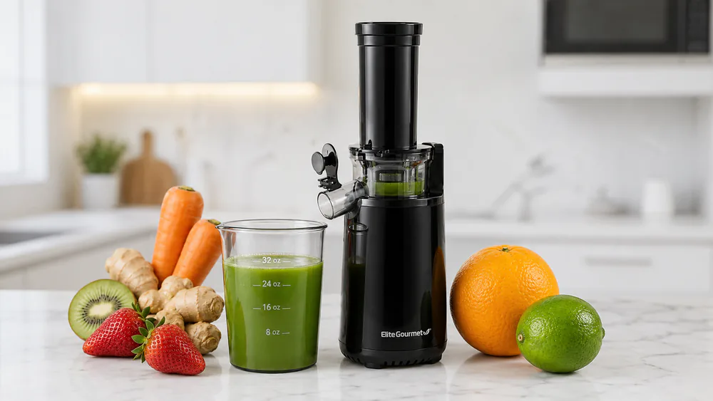 The Elite Gourmet EJX600 mini cold press juicer standing next to a 32 oz cup, showing its compact height and three-part construction