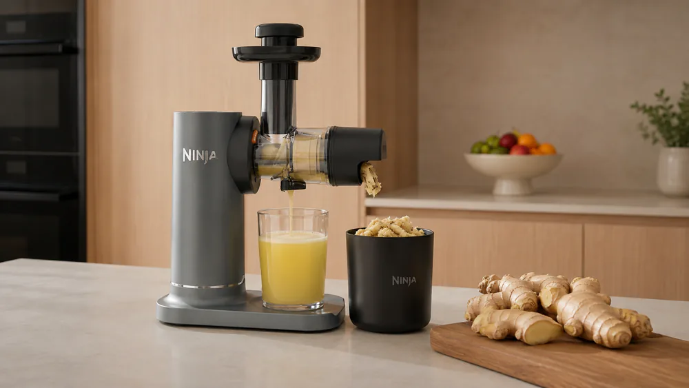 The Ninja NeverClog JC151 juicing a batch of long, stringy ginger knobs, dry crumbly pulp collected in the 36 oz container