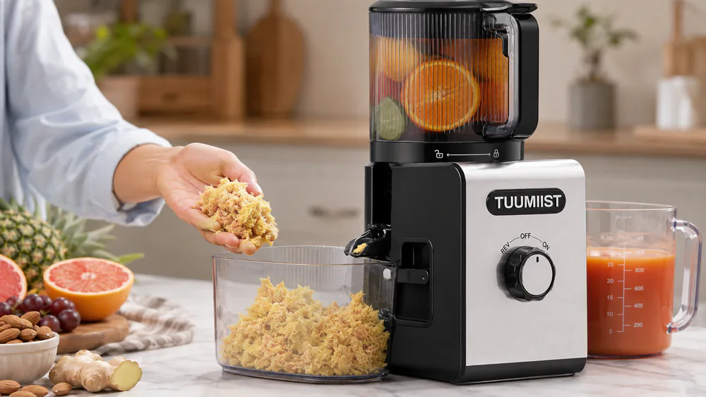 Sawdust-dry crumbly ginger pulp from the TUUMIIST cold press juicer held over its pulp cup