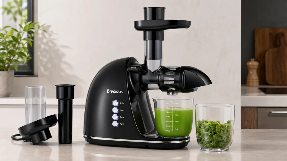 A compact Brecious cold press juicer on a narrow kitchen counter with a 24-ounce juice cup.