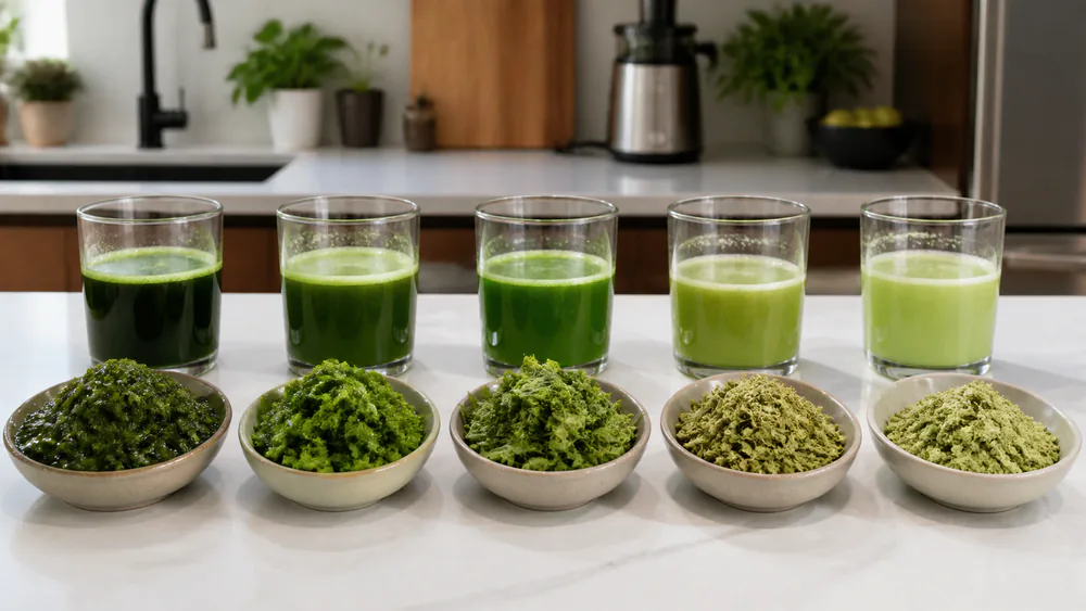 A test batch of leafy green pulp held over a juicer pulp bin, dry and crumbly, with a measuring jug of bright green juice beside it.