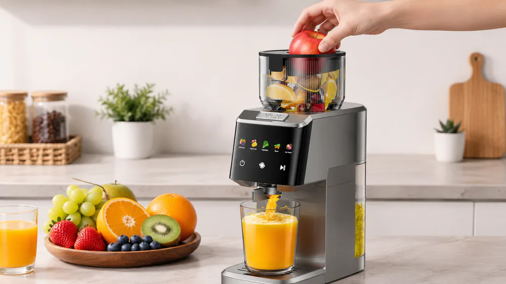 A whole apple being fed into a wide 6.5-inch feed chute on a vertical cold press juicer, no cutting board in sight.