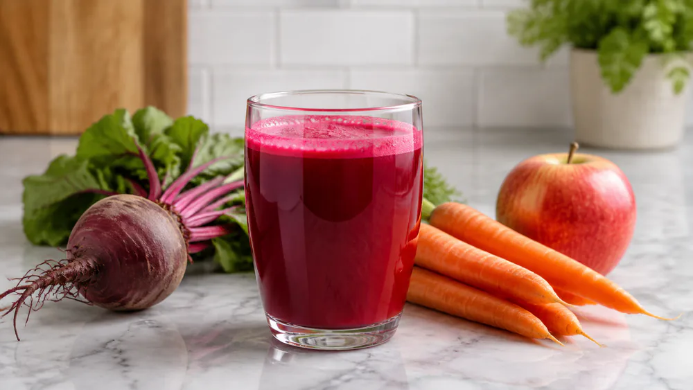 A glass of deep magenta beet, carrot, and apple juice on a counter, with a whole beet, carrots, and an apple arranged behind it.