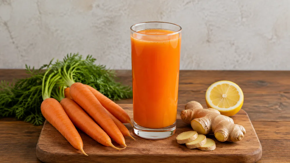 A tall glass of bright orange carrot ginger juice on a wooden board, surrounded by whole carrots, a knob of ginger, and a halved lemon.