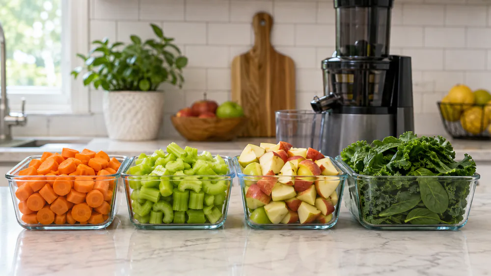 Glass containers filled with pre-chopped carrots, celery, apples, and greens lined up on a counter ready for morning juicing.