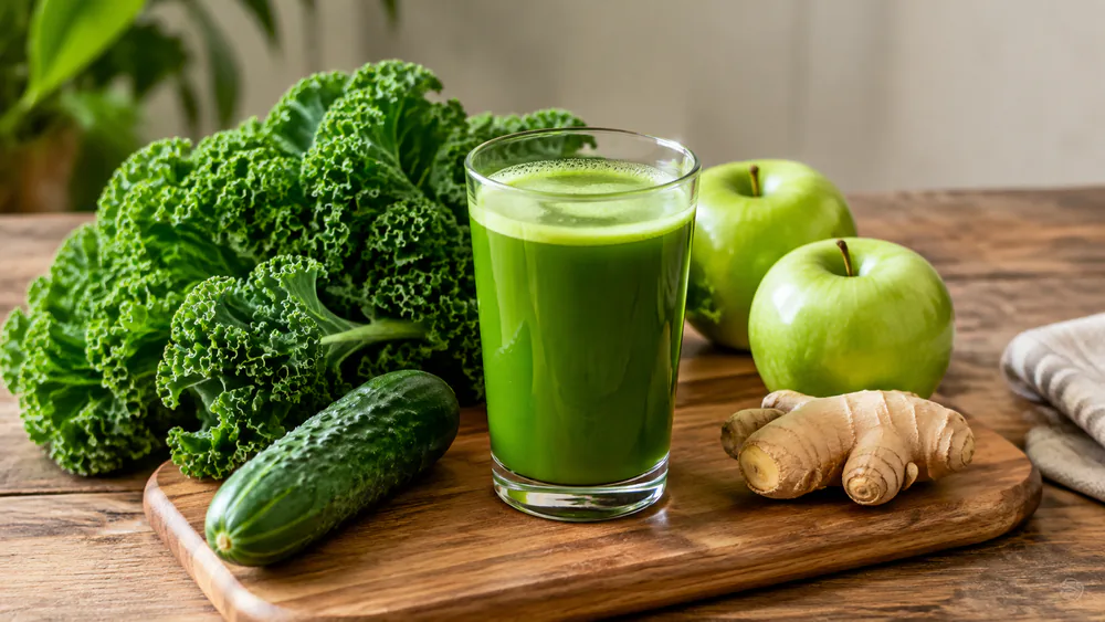 A glass of vivid green juice on a wooden board surrounded by curly kale, a cucumber, green apples, and a knob of ginger.
