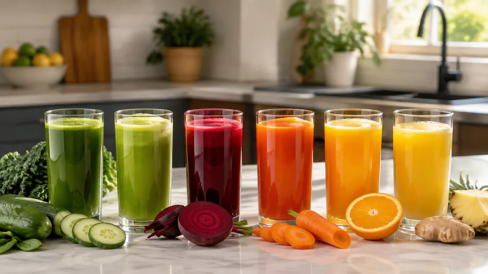A row of freshly made juices in glasses on a kitchen counter, ranging from bright green to deep beet red to orange carrot, with cut produce beside them.