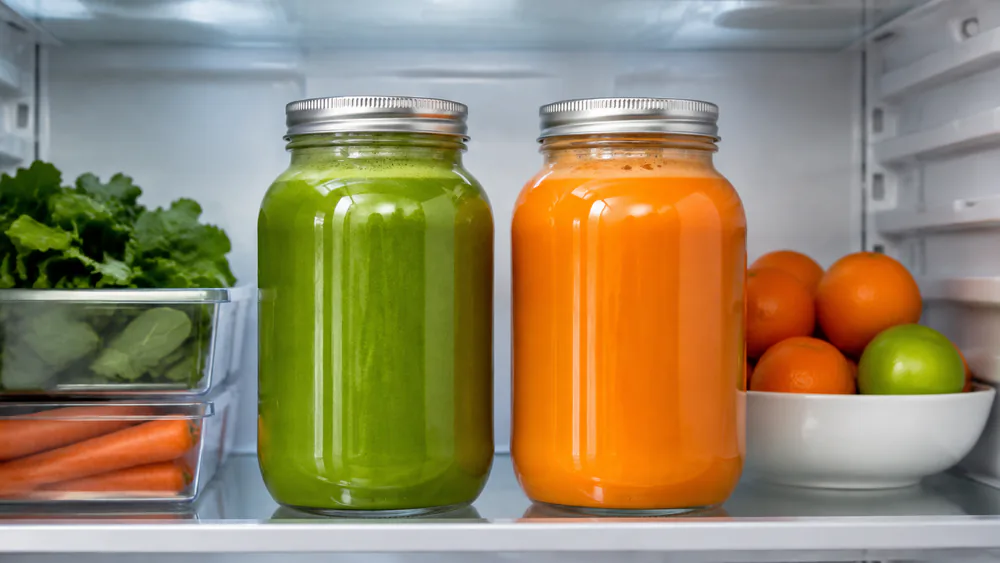 Two airtight glass jars filled to the top with green and orange fresh juice, sealed with lids and resting on a refrigerator shelf.