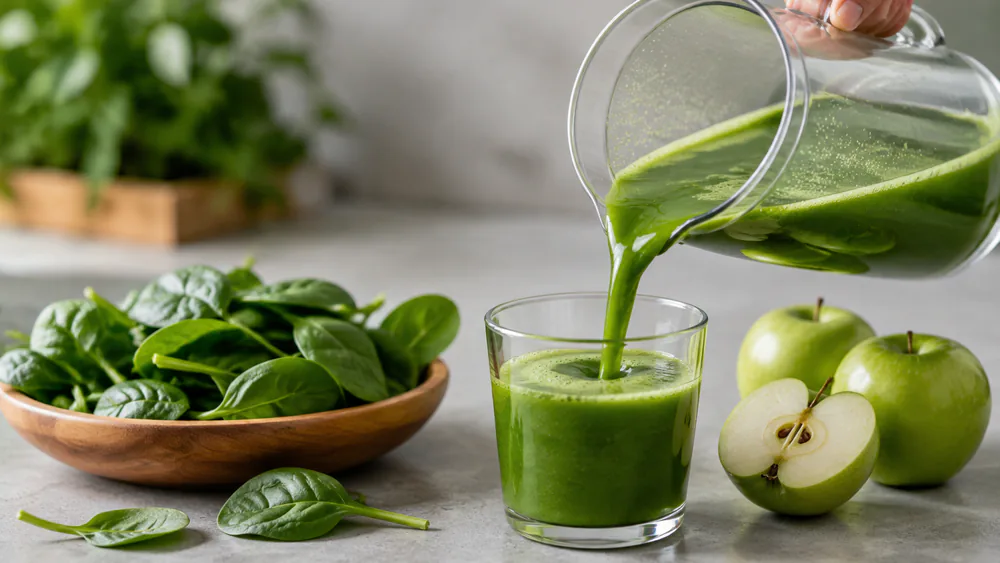 Bright green spinach and apple juice being poured from a juicing jug into a glass, with fresh spinach leaves and green apples in the background.
