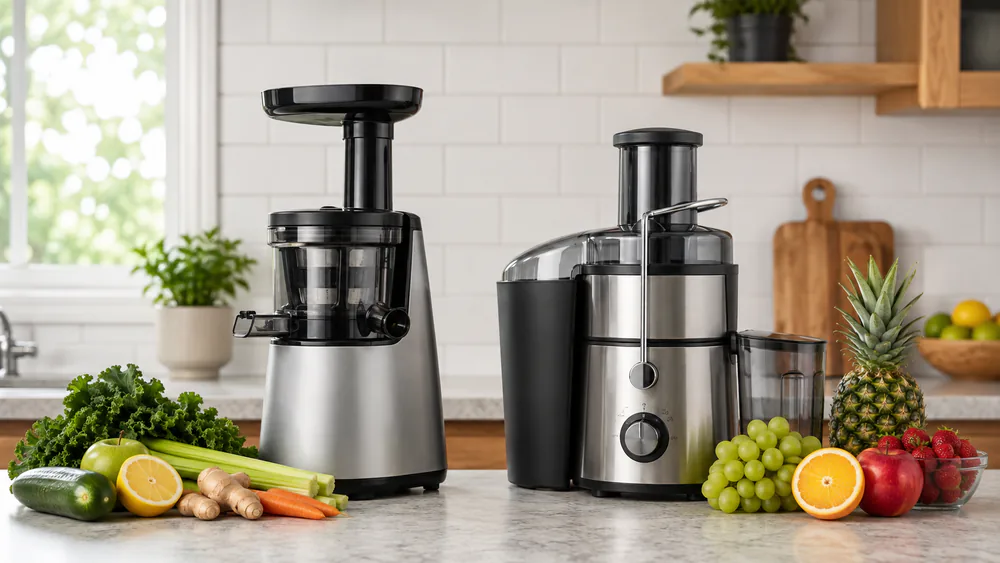 A masticating cold-press juicer and a centrifugal juicer sitting side by side on a kitchen counter, with fresh produce arranged in front of each machine.