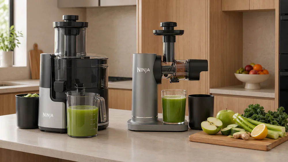 A centrifugal juicer and a vertical masticating cold press juicer side by side, showing their different extraction paths.