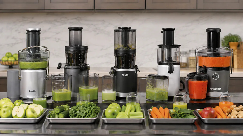 Our test bench with five juicers lined up mid-evaluation, trays of apples, carrots, and leafy greens at different stages of juicing.