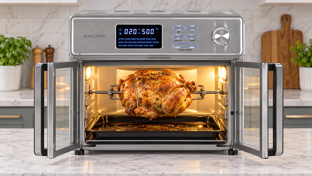 A whole chicken turning on the rotisserie spit inside the open Kalorik MAXX Digital oven