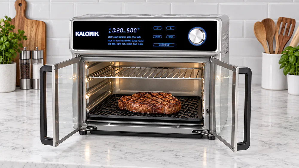 A steak with diamond sear marks on the nonstick grill grate of the Kalorik MAXX Oven Grill