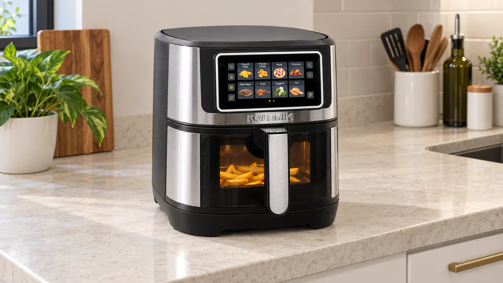 A compact Kalorik VIVID TOUCH 5-quart basket fryer on a small apartment kitchen counter