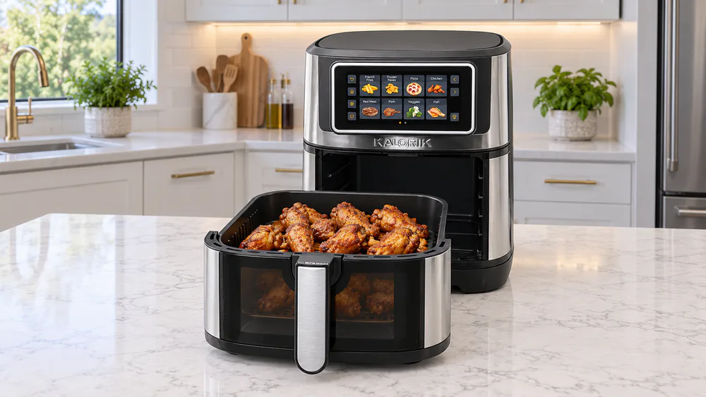 A Kalorik VIVID TOUCH 7-quart basket pulled open, full of crispy wings