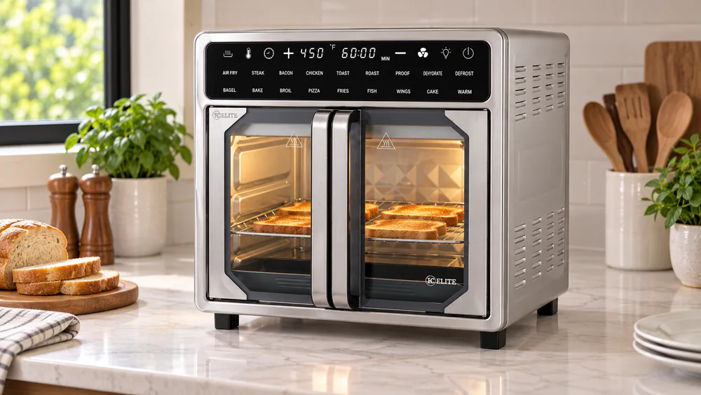 A Kitchen Elite 16 qt French door air fryer oven on a narrow counter with slices of toast on the wire rack and the stainless doors closed
