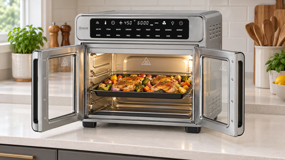A Kitchen Elite 26 qt French door air fryer oven with both glass doors open, a tray of roasted chicken thighs and vegetables on the middle rack