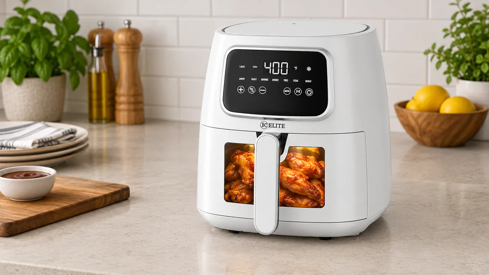 The removable nonstick basket of a Kitchen Elite 5.5 qt digital air fryer holding crisp chicken wings, the interior light on