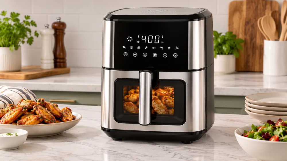 The Kitchen Elite 8.5 qt air fryer viewing window showing a full basket of golden chicken wings mid-cook on a kitchen counter